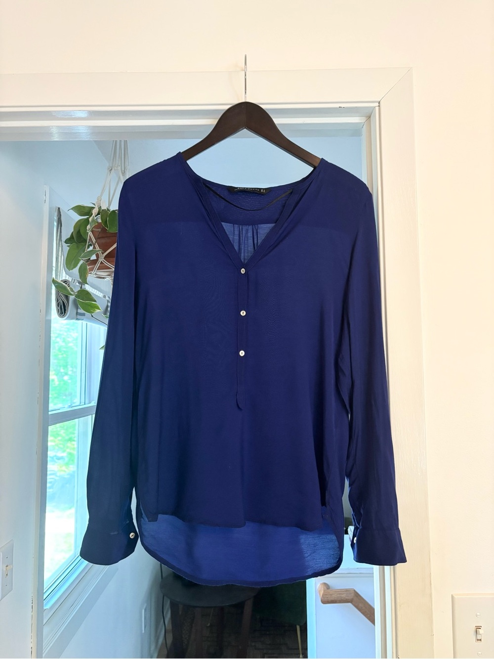 Zara Woman Cobalt Blue Sheer Blouse Medium | Flowy Button Front Top